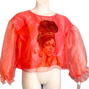 Highlight Pink top Chiffon overlay balloon sleeve female face print NWT Sz L